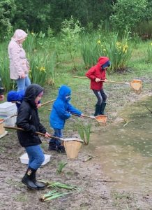 children with nets beside pond